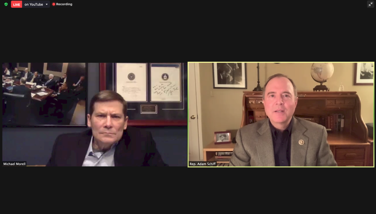 Screenshot of Michael Morell and Adam Schiff speaking during a virtual event