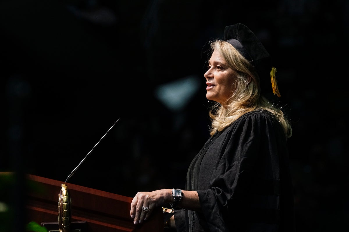 Shaza Andersen, graduation speaker at podium