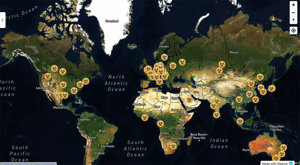 World map displaying locations where 67 Biosafety Level 4 (BSL-4) laboratories are under construction