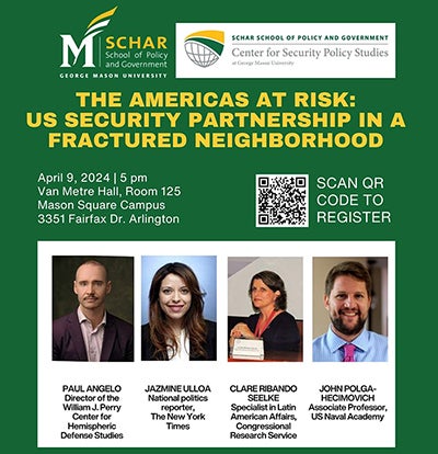 A green and gold flyer with four headshots advertises and event.