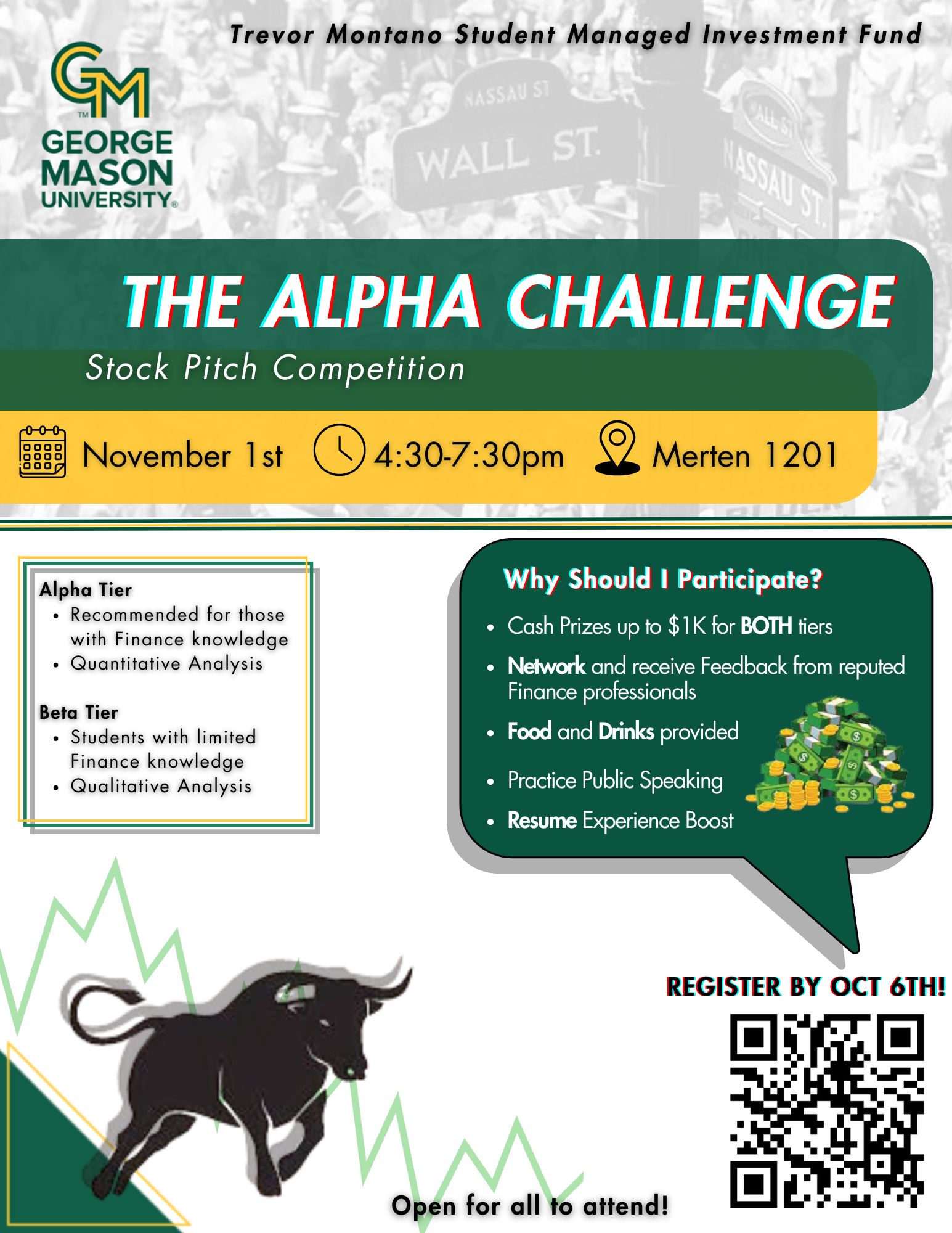 Montano Student Managed Investment Fund - The Alpha Challenge - Stock Pitch Competition, Nov 1, 2024, 4:30-7:30pm, Merten 1201. Registration Deadline: October 6, 2024