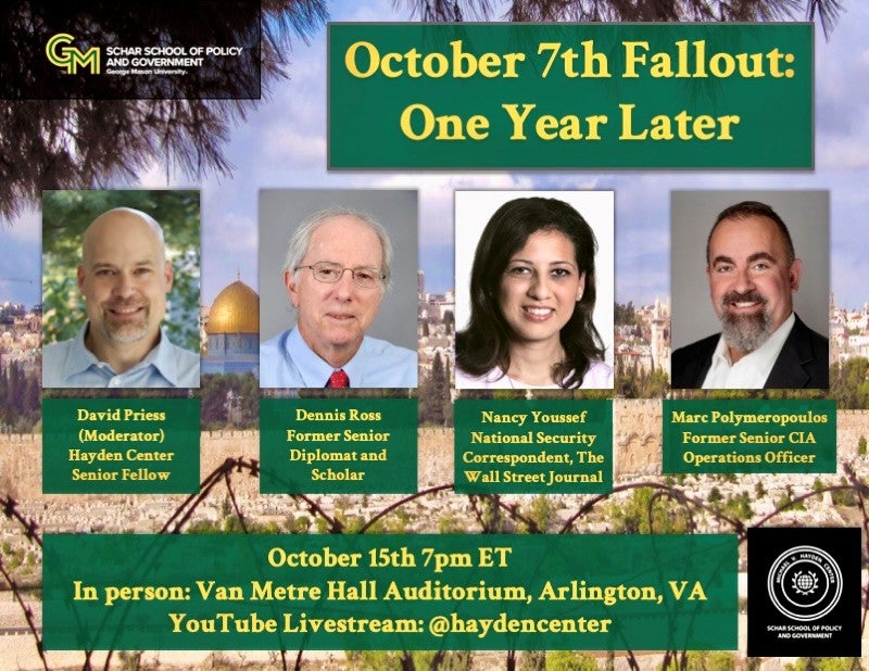A flyer with four headshots advertising a panel discussion is in green and gold.