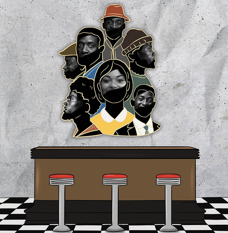 Above three stools at a diner bar with a checkerboard floor, silhouetted faces of seven Black actorss hover.