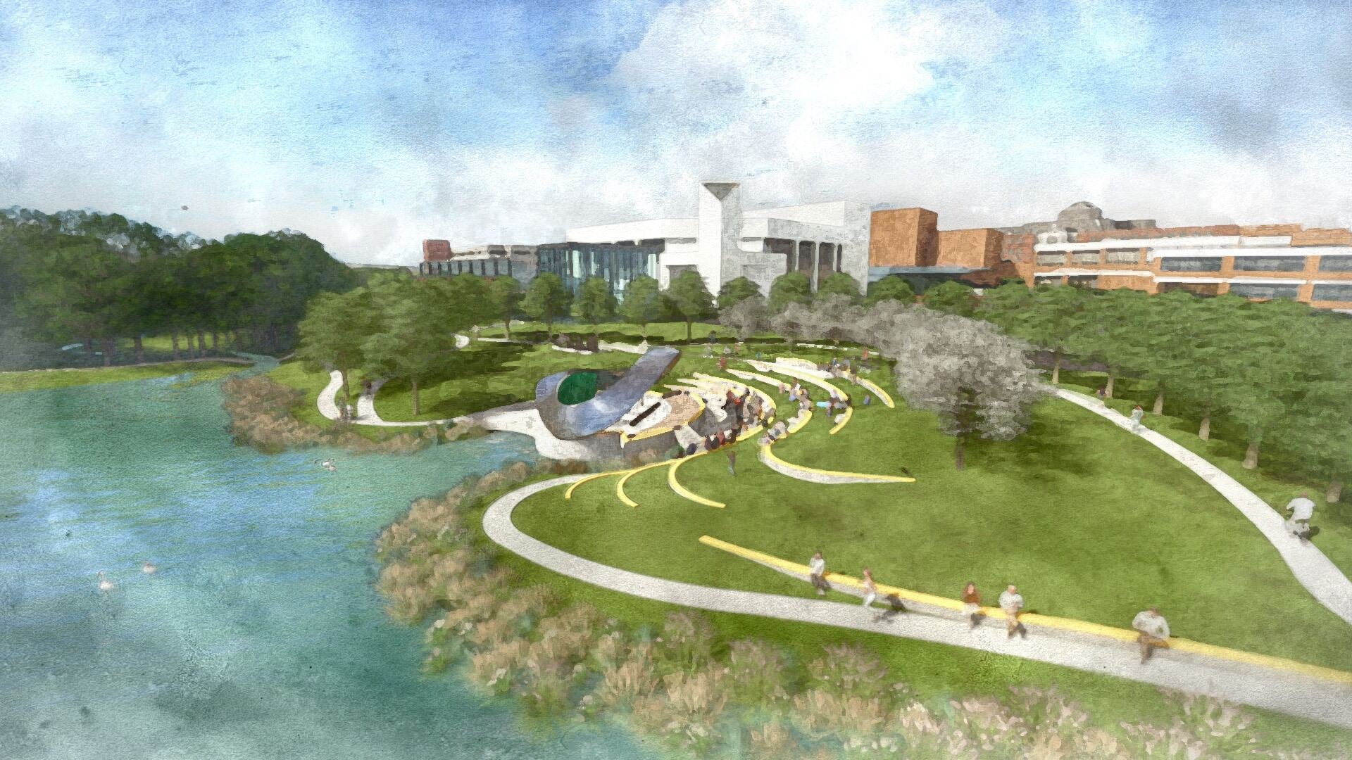 An artistic rendition of Mason Pond, the Center for the Arts, and other buildings, as well as the grassy area in between. The plain grass has been transformed into a tiered outdoor ampitheater.