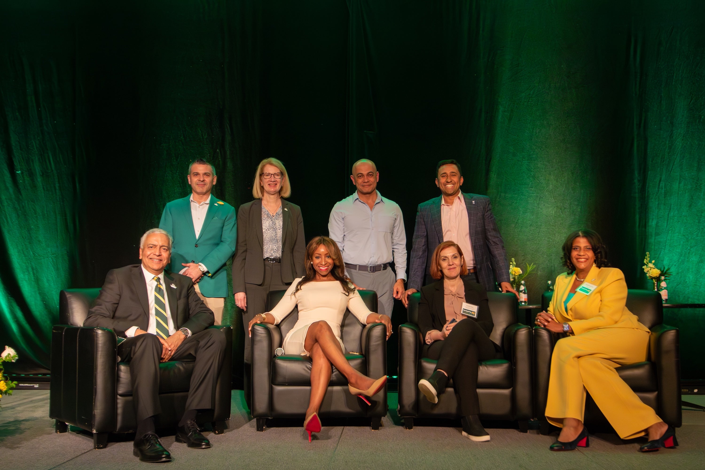 (Left to Right) Dean Ajay Vinzé, Patrick Soleymani, BS ’07, MBA ’09, Cheryl Druehl, Tasha Austin-Williams, James Suh, Amarda Shehu, Rajiv Shenoy, Guylaine Sainte Juste, BA ’94.