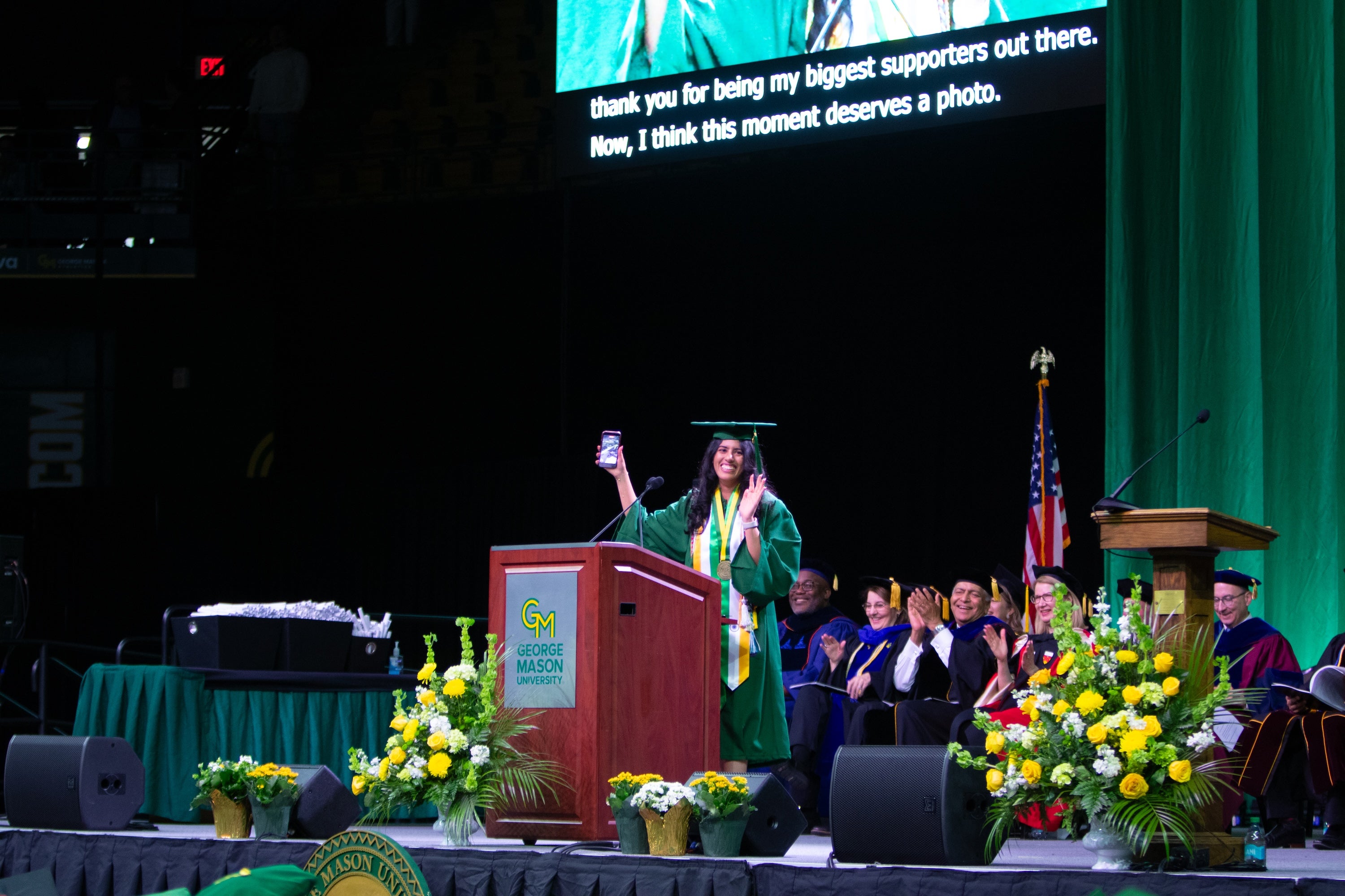 Vidhi Pathak, BS Business '26, speaking to Costello graduates at their degree celebration. Photo by Hannah Patterson/Costello College of Business.