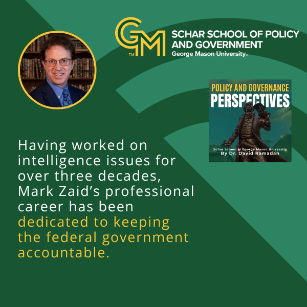 Promotional graphic featuring Mark S. Zaid with text highlighting his decades of work on intelligence issues and dedication to keeping the federal government accountable.