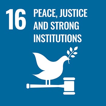 A white dove stands upon a gavel representing SDG16, peace, justice, and strong institutions