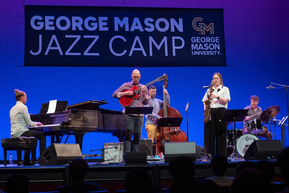 Roxy Coss, the Artist-in-Residence for the 2026 George Mason Jazz Camp with faculty on the Center for the Arts stage, Fairfax Campus. 