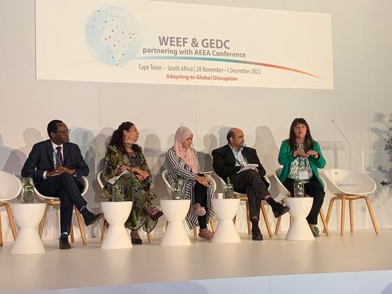 A mixed-gender group of professionals at a panel discussion in the 2022 South African engineering event
