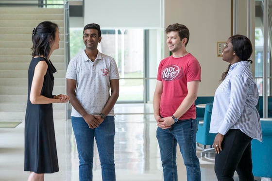 Rebecca Leung, Srinath Silla, Dylan Scarton, and Tolulope Abidogun in Peterson Hall. Photo by Evan Cantrell/Office of University Branding. 