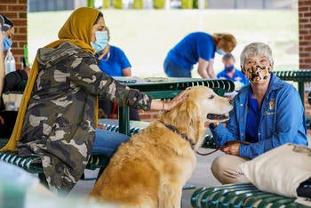 Image of golden retriever looking happy in the center of the photo. A Mason student petting the dog on the left of the photo, sitting on a green bench and wearing a camo jacket, a paper face mask, and a yellow hijab. On the right, a woman sitting on a green bench, looking straight ahead at the camera, wearing khaki pants, a blue jacket, and a blue polo.