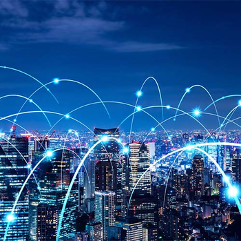 Depiction of wireless signals moving around a city
