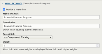 Screenshot of the Menu Settings configuration panel