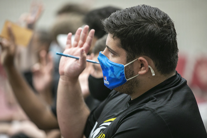 Mason President Gregory Washington speaks to freshmen from the Schar School's new learning community, Democracy Lab, about how anti-racism and inclusive excellence relate to the broader challenge of democracy in America. Photo by: Shelby Burgess/Strategic Communications/George Mason University