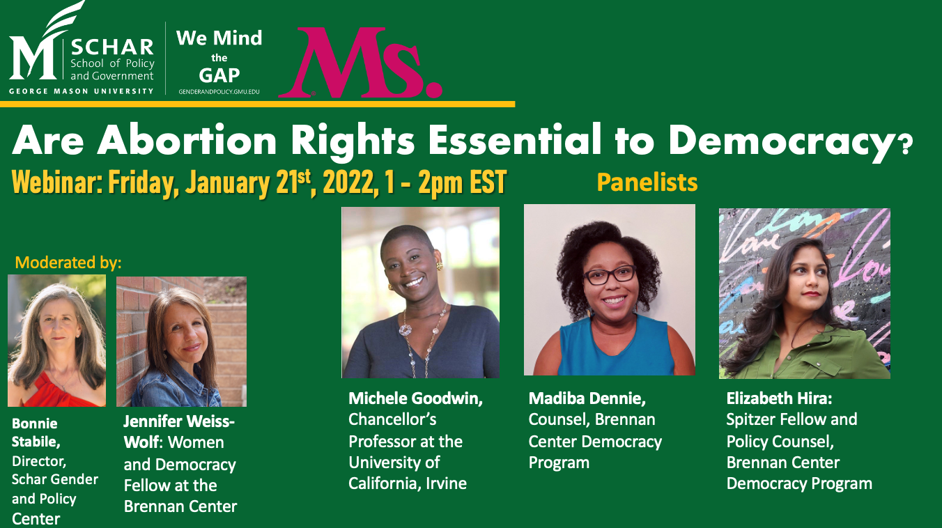 Image of a flyer for the Schar School’s Gender and Policy Center (GAP) event, Are Abortion Rights Essential to Democracy?