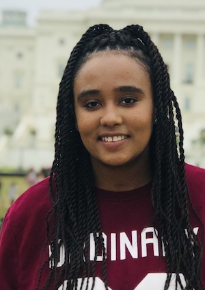 woman in a red shirt