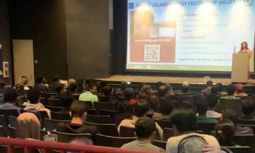 Students listen to DOE representative discuss internship opportunities as part of BLAST Off Week 2023.&nbsp;