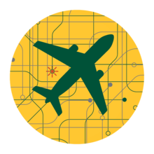 Graphic of an airplane over a map.